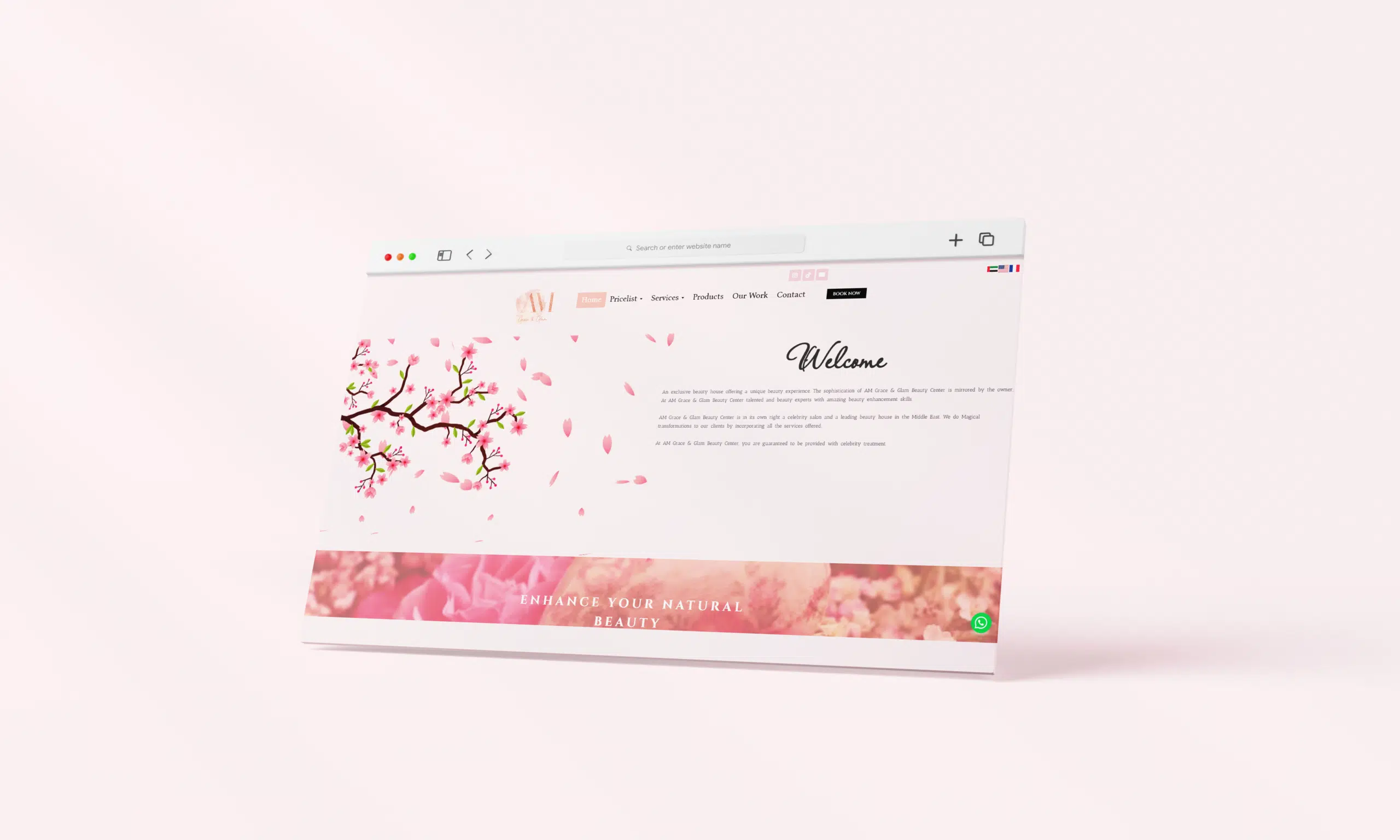 Capture d'écran du site web d'un institut de beauté, accueillant avec une branche de fleurs en pleine floraison, reflétant l'engagement à sublimer votre beauté naturelle