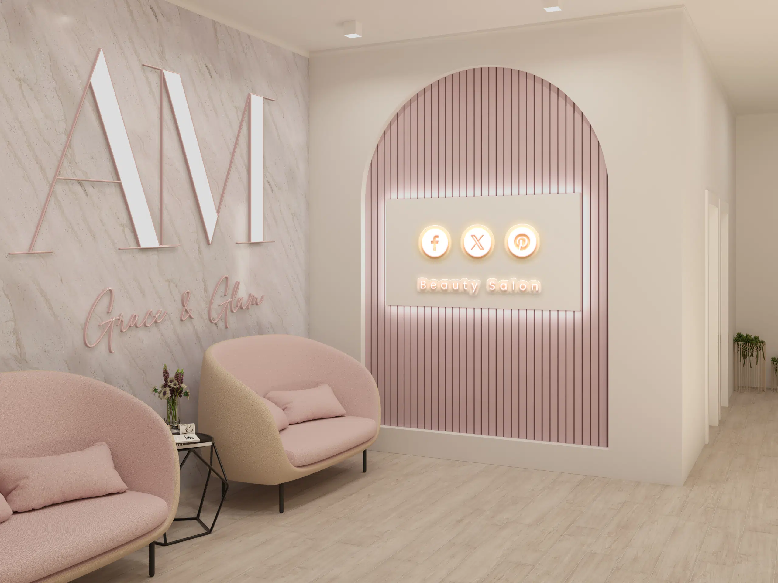 Intérieur d'un salon de beauté moderne avec logo amgrace & glam, offrant une ambiance relaxante et chic pour ses clientes.