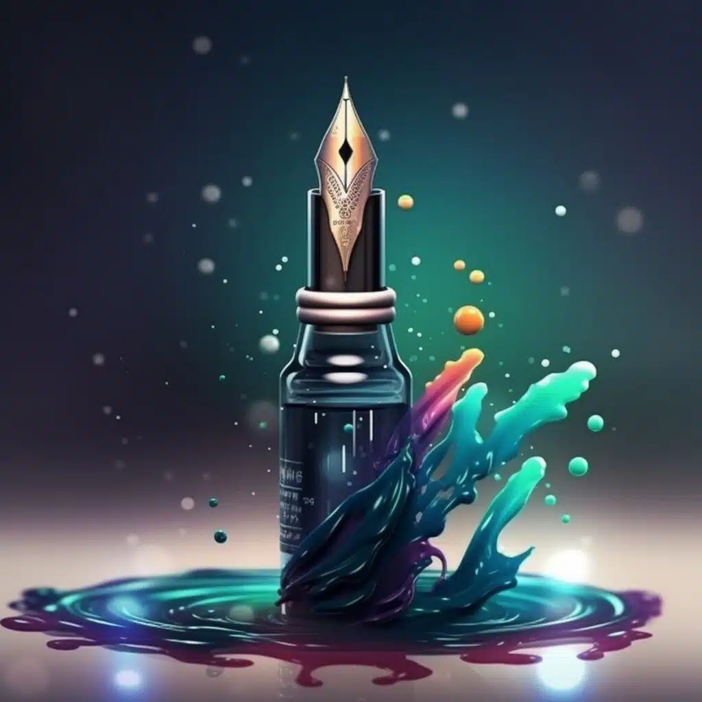 Rendu 3D d'une plume trempée dans l'encre, avec une explosion de couleurs, représentant la puissance et la vivacité du design graphique.