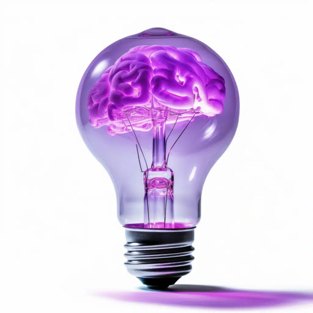 Ampoule contenant un cerveau brillant de couleur violette, symbolisant l'union de la créativité et de l'intelligence dans la génération d'idées innovantes.