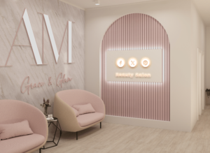 Intérieur d'un salon de beauté moderne avec logo amgrace & glam, offrant une ambiance relaxante et chic pour ses clientes.